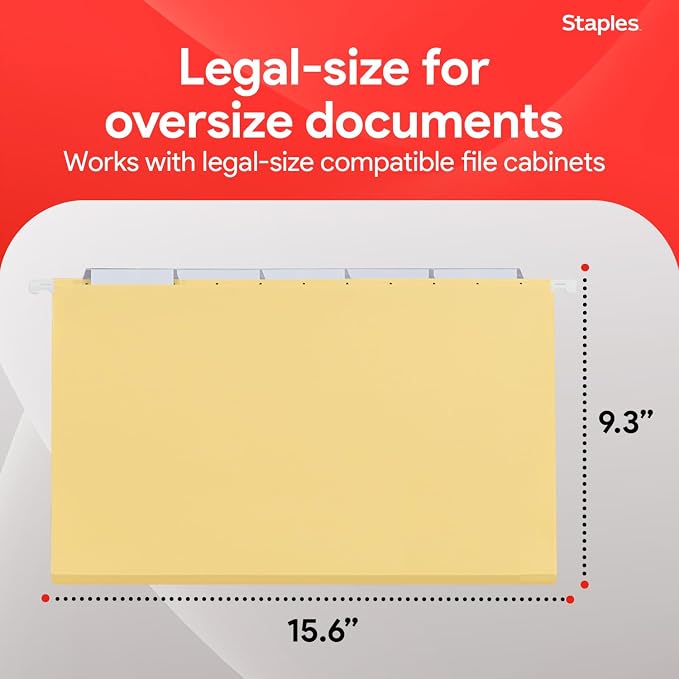 Staples Heavy‑Duty Reinforced Hanging File Folders, Legal Size, 1/5‑Cut Tabs, Assorted Colors, Durable Box‑Bottom Construction – 25/Box