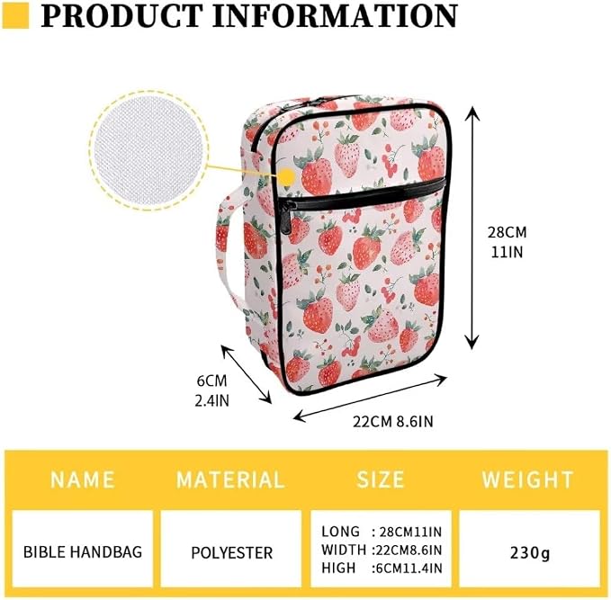 Coldinair Strawberry Bible Covers Bag for Women,Durable Carrying Book Case Church Bag Bible Holder with Handle and Zippered Pocket,Blue