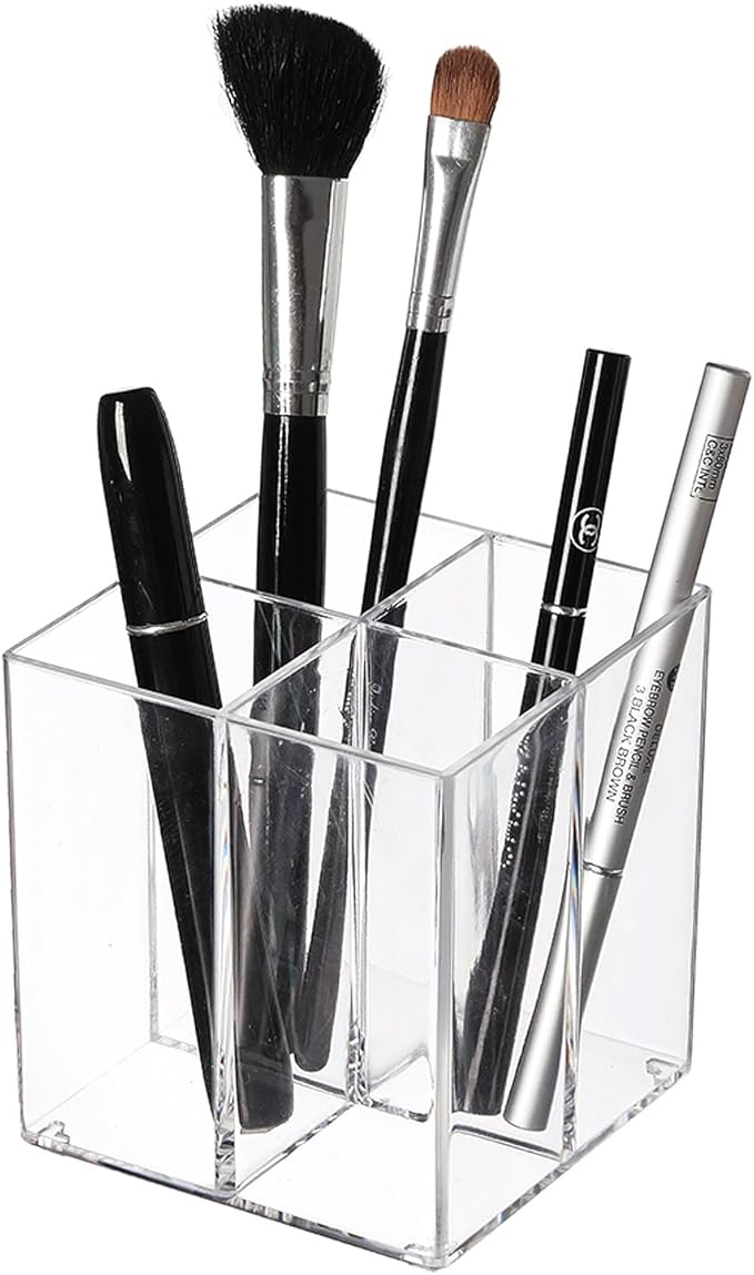 Clear Acrylic Pencil Pen Dry Erase Marker Holder Cup, Makeup Brush Holder Acrylic Desk Accessories, Plastic Silverware Utensil Holder for Office, Party Bedroom Bathroom Dorm (Clear, 4 Compartments)