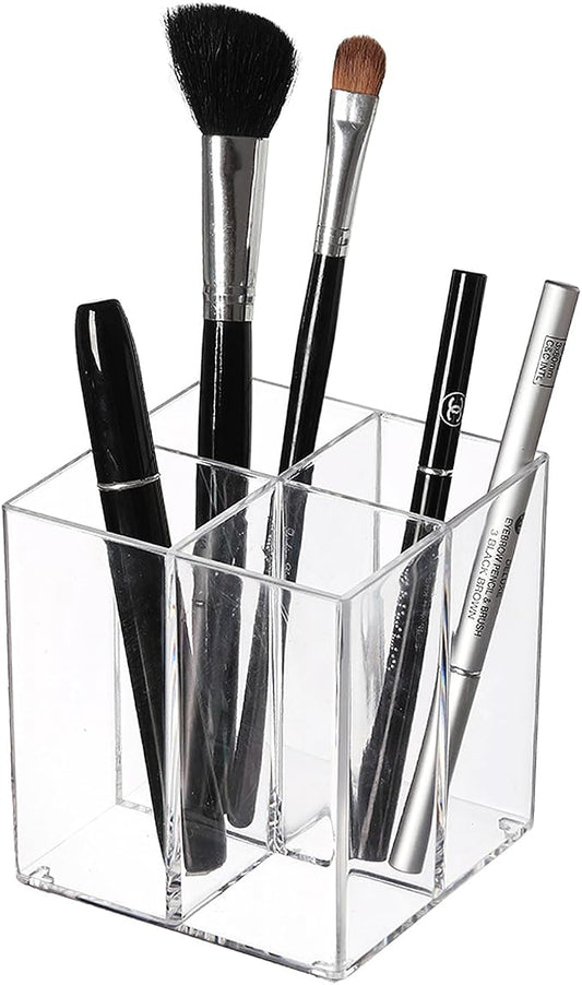Clear Acrylic Pencil Pen Dry Erase Marker Holder Cup, Makeup Brush Holder Acrylic Desk Accessories, Plastic Silverware Utensil Holder for Office, Party Bedroom Bathroom Dorm (Clear, 4 Compartments)