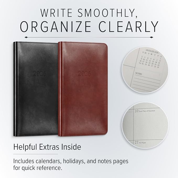 Gallery Leather Pocket Monthly Planner 2025-2026, Elegantly Bound Calendar Planner and Notebook with Stylish Gold-Gilded Page Edges, 18 Months - Acadia Plum - 6x3.25"