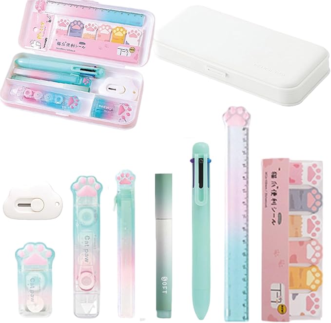 MOZXIRZ 9 Pcs Cute Green Stationery Set Cat Paw School Supplies Kawaii Office Supplies Including Pens Highlighter Pencil Sharpener Eraser Correction Tape Ruler Sticky Flag Tabs (Gradient Green)