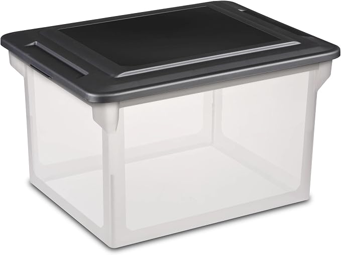 Transparent plastic file box with cover-suitable for A4/ legal size hanging folders. Office home storage boxes can be stacked 18.5x14 inches. Used in home, office, dormitory, garage, etc.