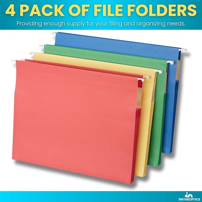 1InTheOffice Expanding Hanging File Folders 3.5" Expansion, Letter Size, Assorted, 4 Pack