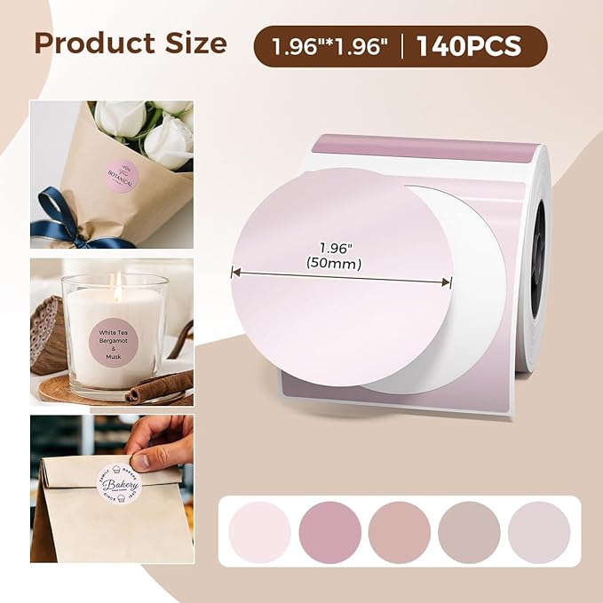 M110 Thermal Labels-Compatible with M110/M100/M220/M250 Label Makers,1.96" x 1.96"(50x50mm), 140 Labels/Roll, 5 Colors Thermal Label Stickers for Candle, Baking, Logo, Gift