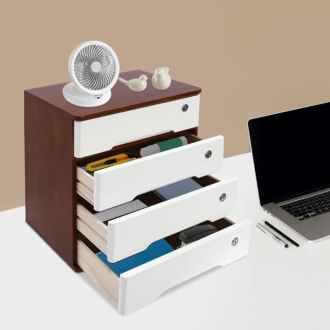 4-Tier Desk Organizer with Lockable Drawers, 8 Keys, Wooden Desktop Storage Box, Categorized Storage Desktop File Cabinet(Walnut)