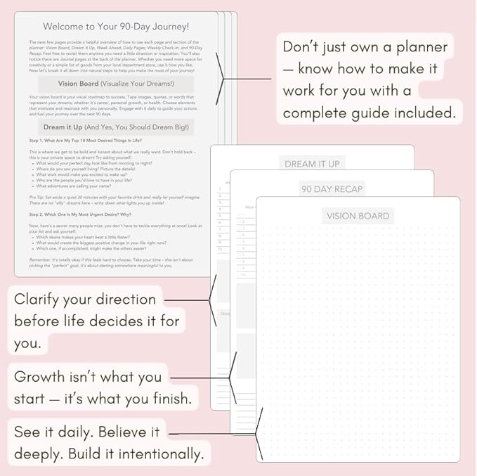 Pland Studio 90-Day Planner – Undated Daily Goal Journal for Women | Blush Rose Hardcover with Habit Tracker, Vision Board, Gratitude & Meal Planner | Self-Care & Productivity Journal Notebook