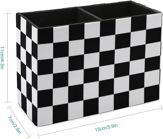 Black and white checkered pen holder storage box, with two compartments, PU leather desktop for storing pens and cups, small items organizer