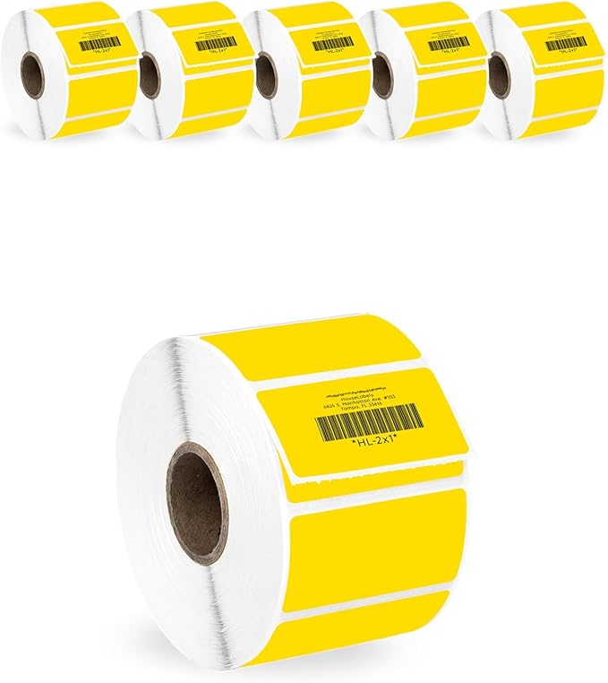 HOUSELABELS 2" x 1" Yellow Barcode Labels on 1" Core Compatible with Zebra and Rollo Printers, 6 Rolls / 1,300 Labels per Roll
