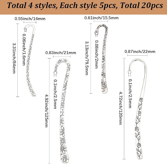 20Pcs Metal Bookmark s Antique Vintage Silver Metal Bookmark Hairpin with Hole Tibetan Carving Pattern Alloy Book Markers Jewelry Making Charms for Stationery Reading Enthusiasts
