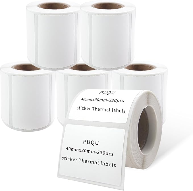 PUQU 40x30mm Direct Thermal Sticker Labels, Self-Adhesive All-Purpose Label Maker Tape, Compatible with AQ Series Label Printer, Refills Standard Laminated Office Labeling, 6 Rolls, 1380 Labels