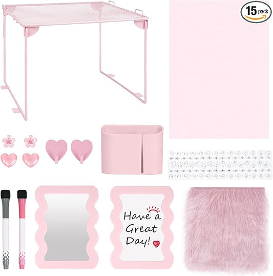 SKYDUE Locker Accessories Kit for Girls - Includes Locker Shelf, Rug, Wallpaper, Magnetic Mirror, Whiteboard, Pen Holder, Magnets, Stickers, Hooks, Pink Locker Decor & Organizer Set, 15 Piece
