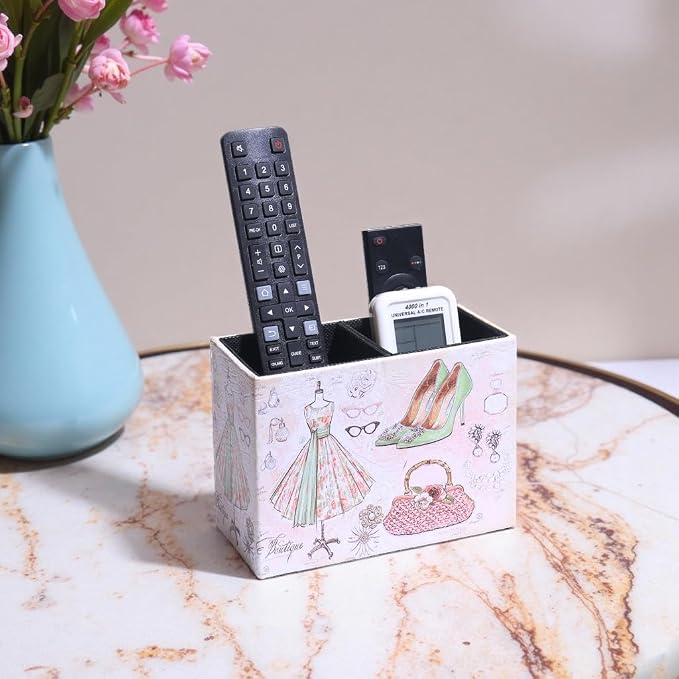 Decorative Remote Control Holder, Leather TV Remoter Caddy Storage Box Desktop Organizer Makeup Brush Pen Holder Storage Fits TV Remotes, Media Controllers, Office Supplies (Vintage Dress Pattern)