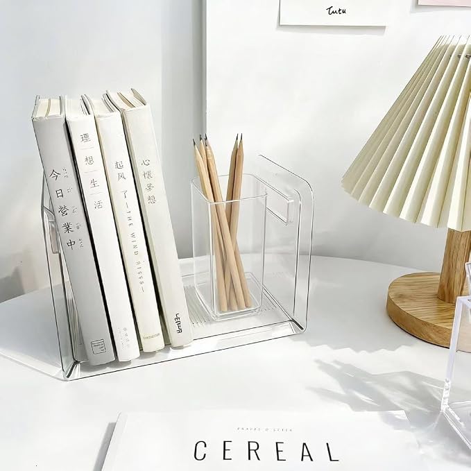 Clear Acrylic Book Stand Organizer, Desktop Book Holder with Anti-Tilt Design, Transparent Plastic Bookends for Office Desk & Home Study Use