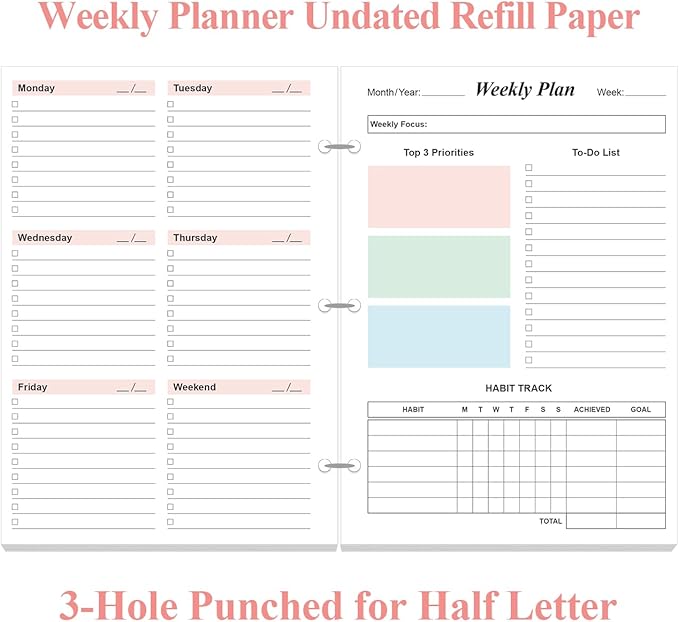(2-Pack) Half Letter Size Weekly Planner Refills for 3 Ring Mini Binders - 53 Sheets/106 Pages Undated Colorful Weekly Planner, 100 gsm White Paper, Lasts 2 Year, Undated, 5.8" x 8.3"