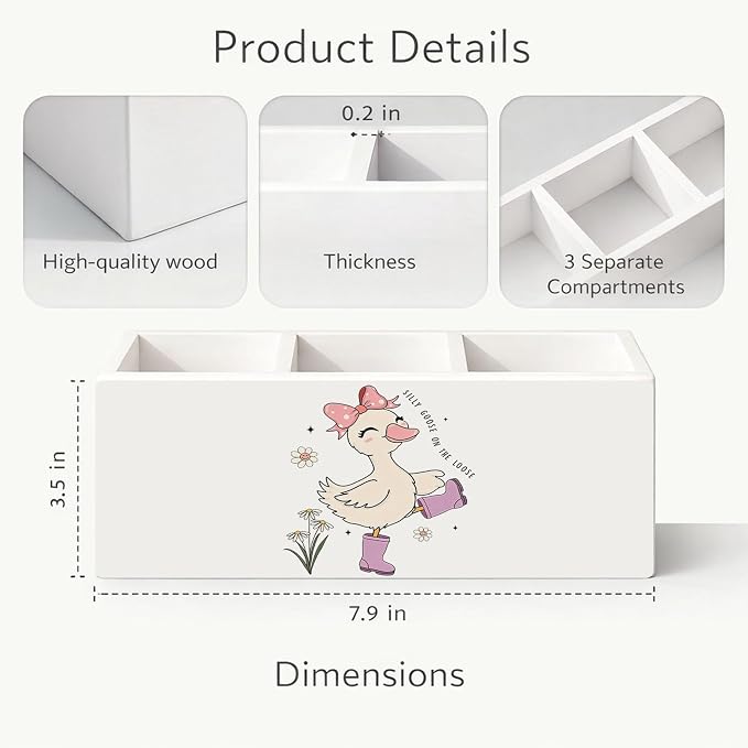 Silly Pink Goose Wooden Desk Organizer, Cute Goose Design Pen Pencil Holder with 3 Compartments, Decorative Office Supply Storage Box for Desk, Home, Office, Gift for Girls