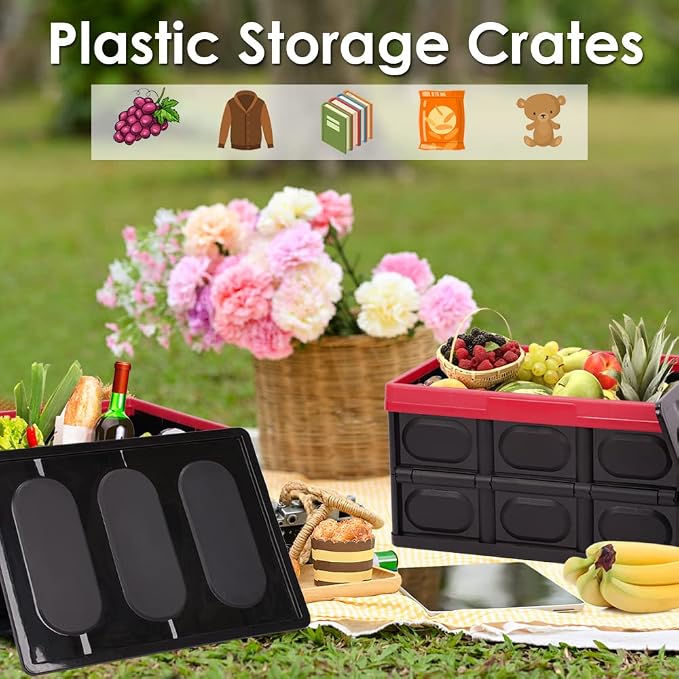 Phyllia 28L-Black Plastic Storage Crates, Pack of 2 Collapsible Plastic Crates Bins Basket, Stackable Storage Boxes Container with Lid for Car Home Office Kitchen Clothes Shoes