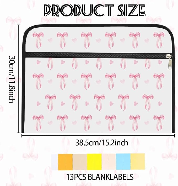 WEBEEDY Pink Bow Expanding File Folder 13 Pockets Coquette Ribbon Bow Accordion File Organizer with 12 Color Labels and Zipper, Travel Document Organizer for Photo Letter Bill Receipt Paper, A4 Size