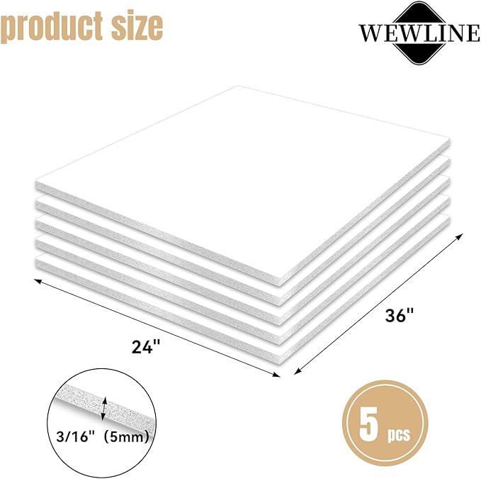 WEWLINE 24x36" White Foam Board (3/16" Thick), 5 Packs of Foam Core Board, Poster Board Perfect for Signage, Displays, Backdrops, DIY Projects & Office Use