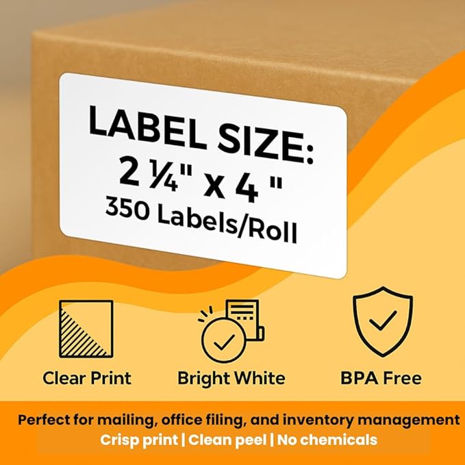 2.25" x 4" Direct Thermal Shipping Labels – White Peforated Barcode Label Compatible with Zebra, Rollo, MUNBYN Thermal Printers | 12 Rolls (350/Roll) – Total 4200 Labels