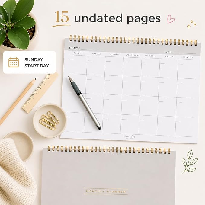 Paper 'n Such- Blank Calendar, Undated Monthly Planner, Simple Desk Agenda -DIY Custom Scrapbook for Photos -15 Sheets, Spiral Bound, Large 8.5x11", Customizable for Home, Office, or School