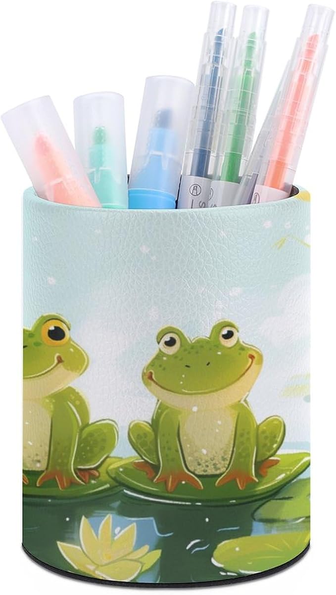 Four Happy Frogs on Lily Pads Pencil Holder Round Pen Cup Sunny Day Time PU Leather Marker Holder Makeup Brush Holders Desk Accessories Workspace Organizers for Home School Office