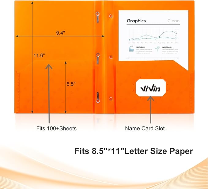 ViVin Plastic Folders with Pockets and Prongs,6 Pack,Heavy Duty 2-Pocket File Folder with 3 Fasteners,Fits Letter Size Paper,for School Home and Office(Bright Orange)