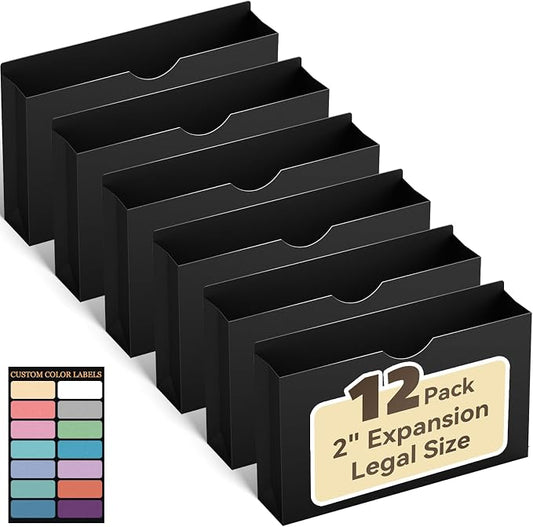 ANSOOK Poly File Jackets & File Pockets,Heavy Duty 2" Expanding File Jacket Folders,Legal Size Manila File Folders,12 Pack Poly Manila File Jackets,Straight Cut Tab,Black Job Folder for Office
