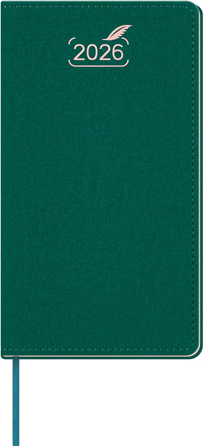 BEZEND Pocket Monthly Planner 2026, Small Calander Book 3.5" x 6.5" Runs Dec 25 to Jan 27, 14-Months Slim Planner for Purse with Rose Gold-Glided Paper Edge & PU Leather Softcover in Evergreen