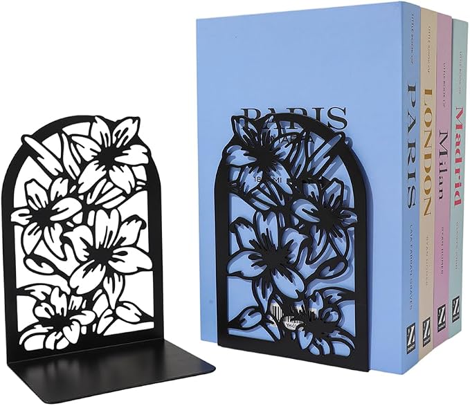 Book Ends, Bookends, Book Ends for Shelves, 2Pair Non Skid Metal Book Divider Decorative Holder, Abstract Art Desgin Book Stopper Supports for Office, Home (Floral)