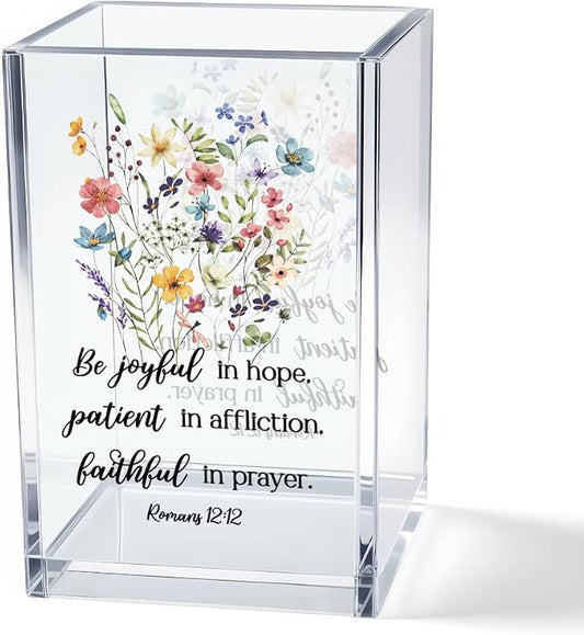Be Joyful in Hope, Patient in Affliction Romans 12:12 Acrylic Cosmetic Pencil Pen Holder Cup, Christian Verse Pen Holder Cup, Christian Gifts for Women Boss Friend Teacher