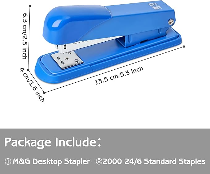 M&G Desktop Staplers, Desk Stapler with 2000 Staples, 25 Sheets Capacity, Metal Office Staplers for School Office Home, No Jam, Non-Slip (Blue)