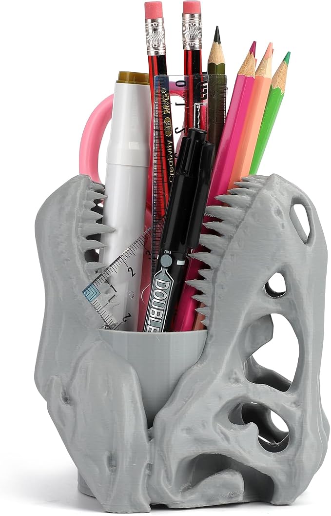 Cool Dinosaur Pen Holder, Dinosaur Skull Figurine Pencil Holder for Office Desk Decor, Funny Easter Gifts for Men and Boys, Grey T-Rex Desktop Organizer