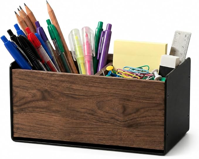 Walnut Desk Organizer with 2 Compartments, Modern Multi-Purpose Storage Box for Office Supplies, Makeup Brushes, Remote Controls & Desk Accessories(2 Slot)