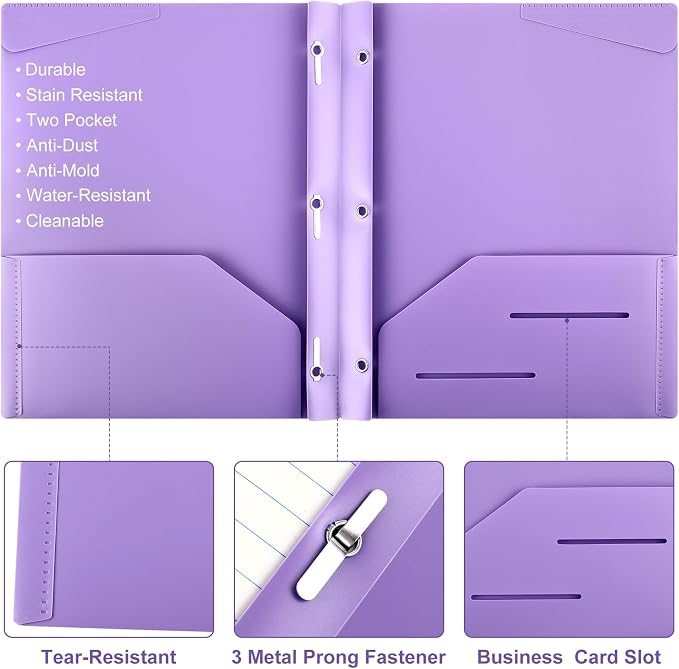 Tenceur 48 Pack Plastic Folders with 3 Prongs Bulk Heavy Duty Folders with Clear Front Pockets and Card Slots with Fasteners Fit Letter-Size Papers for Work School Office (Purple)