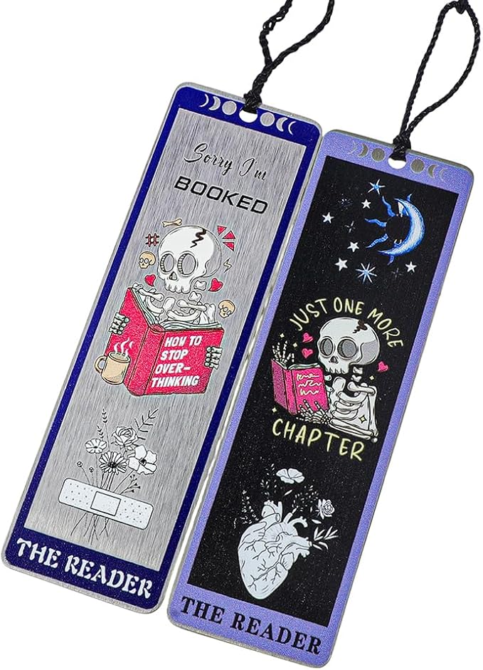 3Pcs Unique Skull Reader Bookmark - Metal Bookmark with Black Tassel, Star and Rose Pattern, Engraved “THE Reader” for Dark Gothic Lovers, Women Readers Fantasy Gift Gothic Gift (3PCS D)