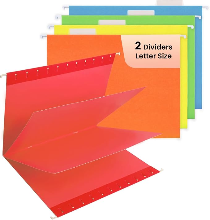 20 Pack * 3 Sections Hanging File Folders with 2 Dividers, 60 Pcs 1/5-Cut Adjustbal Tabs Included, Goefun Letter Size File Cabinet Organizer, 5 Color Assorted (No Built-in Tab on Divider)