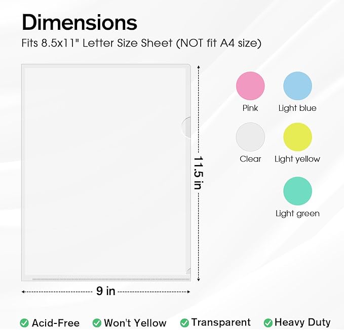 KTRIO 35 Pack Clear Plastic Folders Sleeves Project Pockets for Letter Size 8.5x11 Paper Document, L-Shaped Transparent File Jacket for School Office, Acid-Free Poly Plastic, 5 Colors