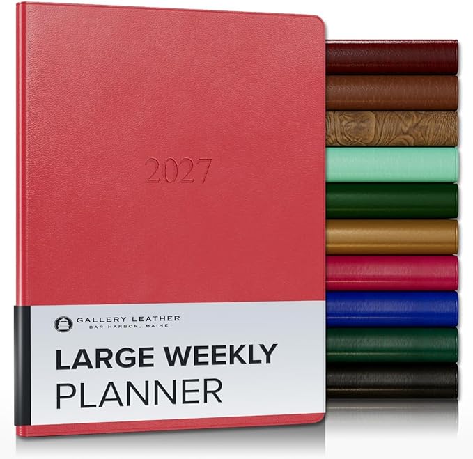 Gallery Leather Large Weekly Monthly Planner 2027, Elegantly Bound Calendar Planner and Notebook with Stylish Gold-Gilded Page Edges, 12 Months - Caribbean Red - 9.75x7.5"