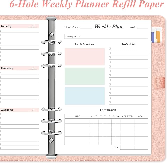 (2-Pack) Weekly Planner Refills for A5 Binders - 106 Sheets/212 Pages Undated Colorful Weekly Planner, 6-Hole Punched, 100 gsm White Paper, Lasts 1 Year, Undated, 5.8" x 8.3"