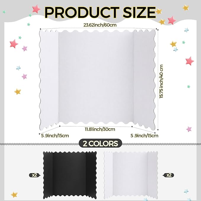 Mooliwe 4 Pack 24" x 16" Trifold Poster Board Black White Corrugated Scalloped 3 Fold Small Display Boards Foldable Business Paper Board for Presentation Science Fairs Event School Projects