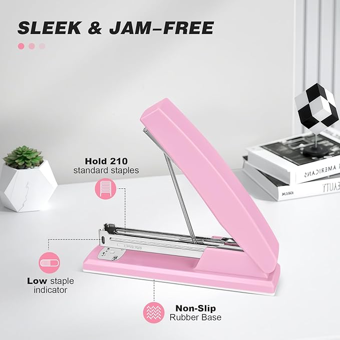 Stapler with 5000 Staples - Office Stapler, 25 Sheet Capacity, Staplers for Desk, Non-Slip, Pink