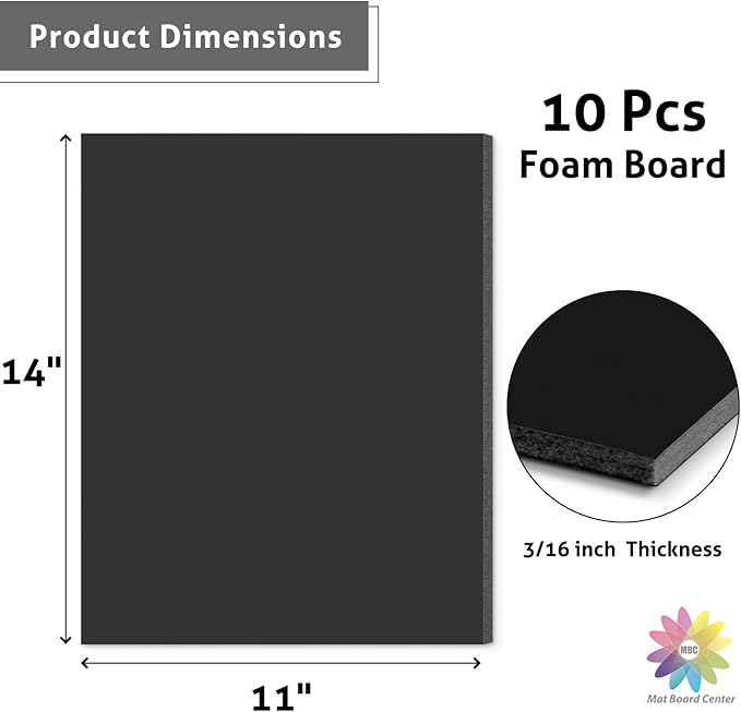Mat Board Center, Acid Free Foam Boards 11 x 14 Inch, Black Foam Core, 10 Sheets