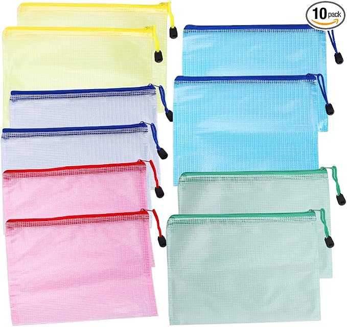 10Pcs Mesh A5 Document Pouch – Water Proof PVC File Bag for Office Supplies Storage, Zipper Envelope Organizer with Clear Window 9.2x6.9 in
