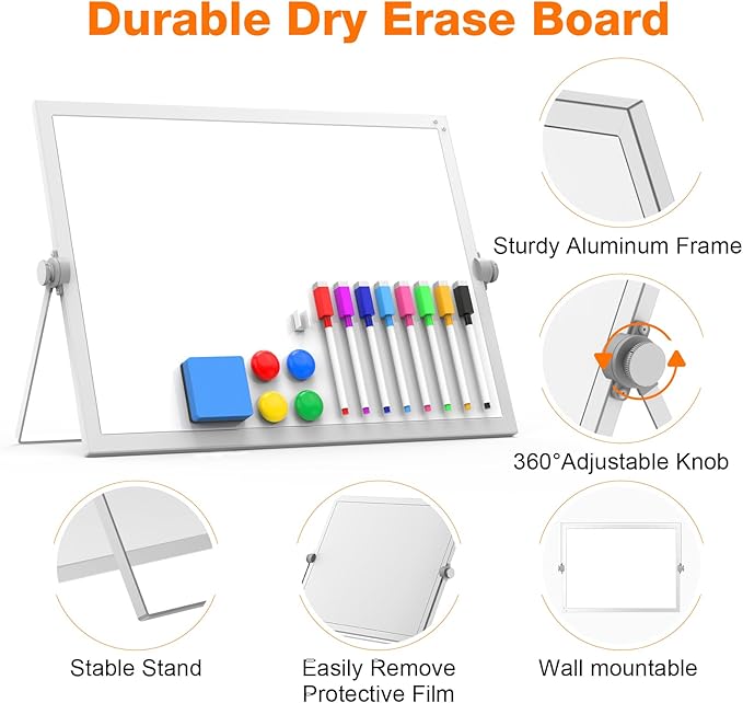 Dry Erase White Board, 16" x 12" Magnetic Desktop Whiteboard with Stand, Dry Eease Board Mini Easel Double Sided on Table Top with Holder for Kids Drawing, Teacher Instruction