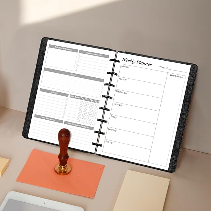 (2-Pack) Weekly Planner Undated Refills - Junior Size 106 Sheets/212 Pages Weekly Planner for 8-Disc Discbound, 100 gsm White Paper, Lasts 1 Year, Undated, 5.8" x 8.3", Black