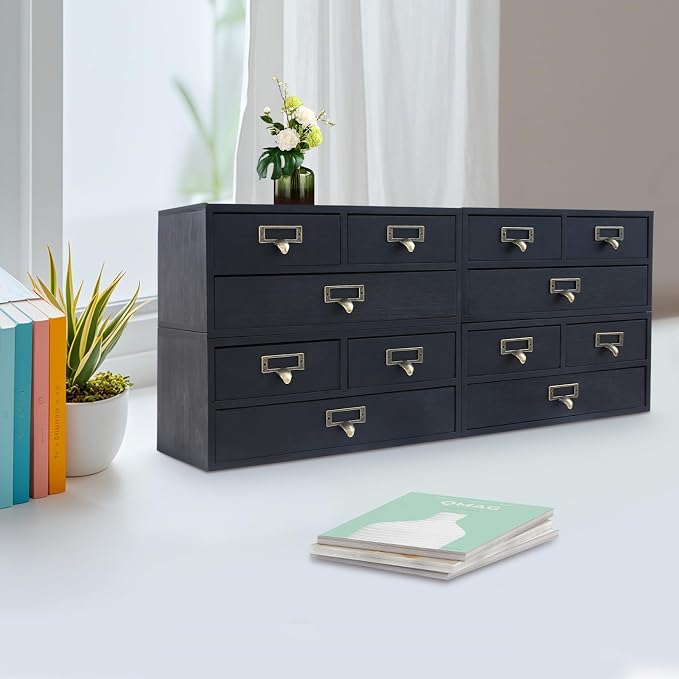 4 Pcs Vintage Wood Desktop Organizer, 4x3 Drawer Apothecary Cabinet with Metal Handles, Stackable Storage for Office Home School, Makeup Jewelry Tea Stationery Herbs