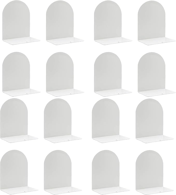Lulonpon 16 Pieces Book Ends, Bookends, Books Stand, Metal Bookend for Shelves, White Book Ends for School, Library, Desktop Organizer