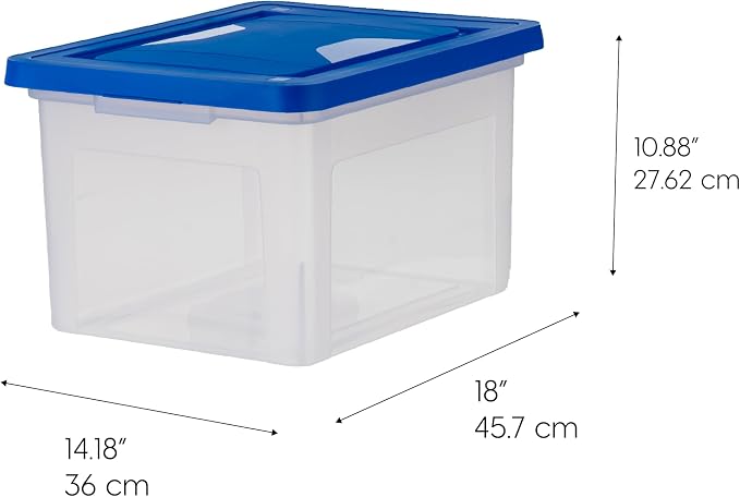 IRIS USA File Storage Box with Lid, Document Protection Box for Letter/Legal Files, Safety File Storage Container, Portable Stackable Filing Organizer, 35 Qt, 3 Pack, Clear/Blue