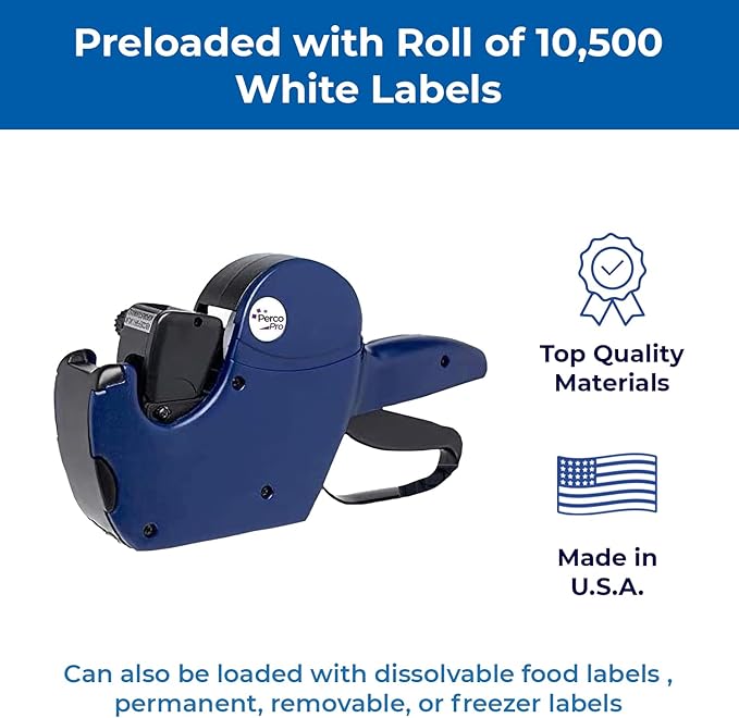Perco Pro 2-Line Price Gun with Labels Kit - Includes 2-Line 16-Characters Price Labeler Gun, 10,500 Blank White Labels, a Label Scraper & a Pre-Loaded Ink Roll Bundled with Perco Labeler Gun Clip